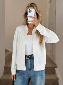 Easowa 杏色纹理面料拉链女夹克，秋季 - 杏色 - 查看 4