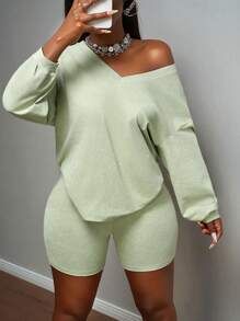 Slaydiva Women's Two-Piece Set Sage Green,Autumn,Casual,Gym Outfits,V-Neck Long Sleeve Loose Off-The-Shoulder Top & Tight Cycling Shorts,Snow-Washed Fabric - Green - View 7