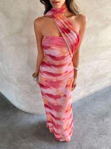 Aloruh Women's Romantic Vacation And Elegant Scarf  Neck Tied Dyed Mesh Print Maxi Dress,Honeymoon Outfits Woman Women Wedding Guest Dress Island Vacation Outfits,Summer Dresses For Women,Women Night Out Dress,Island Vacation Outfits,Fall Wedding Guest Dress - Multicolor - View 4