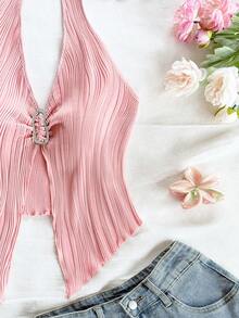 Soleia 加大码性感休闲露背金属扣系带修身不对称下摆吊带背心 - 粉色 - 查看 7