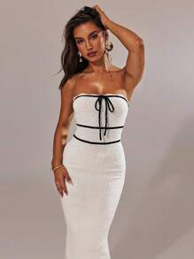 SHEIN BAE Váy len dệt kim bó sát thanh lịch buộc dây phía trước cho nữ - Đen và trắng - Xem 8