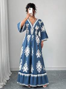 Elenzga 大码蓝白优雅修身褶皱印花束腰连体裤 - 藍白色 - 查看 4