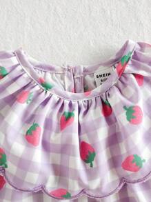 SHEIN 女婴草莓印花荷叶边领无袖连衣裙，可爱甜美清新休闲舒适宽松刺绣格子公主裙，夏季 - 彩色 - 查看 4