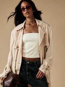 MISSGUIDED Luxury Linen Feel Oversized Trench Coat Double Breasted Maxi Length Spring Fall Fashion Outerwear Classic Casual Elegant