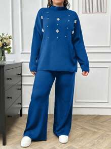 EURMUSE Women's Pearl Beaded Knit Sweater 2pcs/Set - Royal Blue - View 1