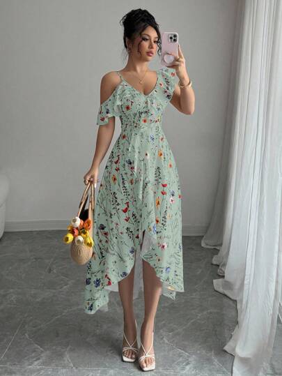 Elenzga Women's Asymmetric Ruffle Hem Floral Print Vacation Dress