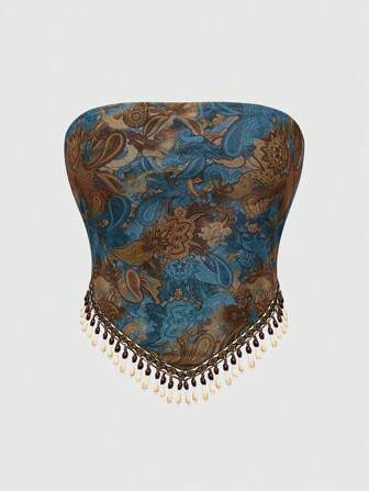 Summer Retro Hippie Western Cowgirl Paisley Print Bohemian Fringed Hem Transparent Bead Upper Plus Size Women's Tube Top
