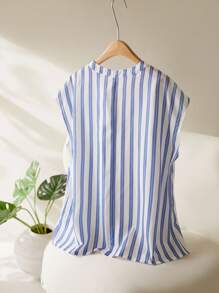 CosyJoli Áo sơ mi không tay in sọc thường ngày mùa hè cỡ lớn dành cho nữ - Xanh và trắng - Xem 4