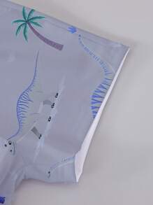 SHEIN Playful Pals 1 套男婴卡通恐龙和火山印花 T 恤和恐龙图案短裤套装，休闲夏季服装