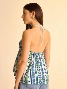 CAJUNI 女士休闲度假露背上衣，蓝色/绿色花卉印花 - 彩色 - 查看 2