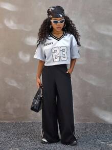 Coolane Kids Tween Girls Summer /Fall  Streetwear Sparkly Breathable Mesh Number Pattern Green V-Neck Short Jersey Tees,Back To School ,Y2K,Jersey T-Shirt - Silver - View 7