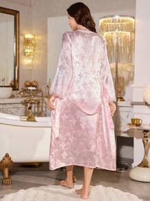 Crystal Vow 2 件女式性感提花吊带裙和优雅缎面提花睡袍睡衣套装带蕾丝花边，粉色，适合所有季节内衣睡袍套装内衣长袍缎面睡袍套装丝绸睡袍和睡袍蕾丝花边睡袍，秋季服装 - 粉色 - 查看 2