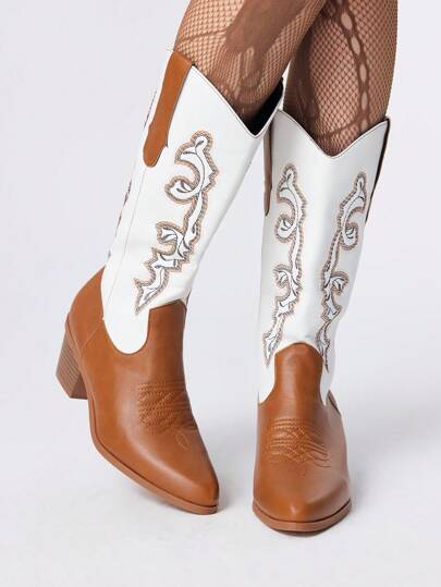 Fairycore Women's Brown Pointed Toe Embroidery Thick Heel Western Cowboy Boots, Fashion New Spring Autumn Design