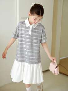 SHEIN Tween Girls Shirt Splicing Stripe Puff Skirt Suit, School Style, Suitable For Summer Casual Wear - Grey - View 7
