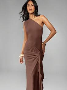 MISSGUIDED Vestido largo de fiesta de un solo hombro con drapeado, cintura fruncida y abertura lateral para ocasiones formales, bodas, fiestas, dama de honor y eventos especiales