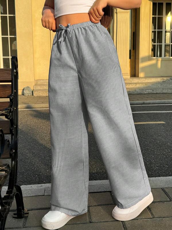 SHEIN Pantalones rectos a rayas informales para vacaciones de chicas preadolescentes Nova Glow