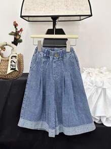 SHEIN Pantalones holgados de mezclilla azul lindos para bebé niña