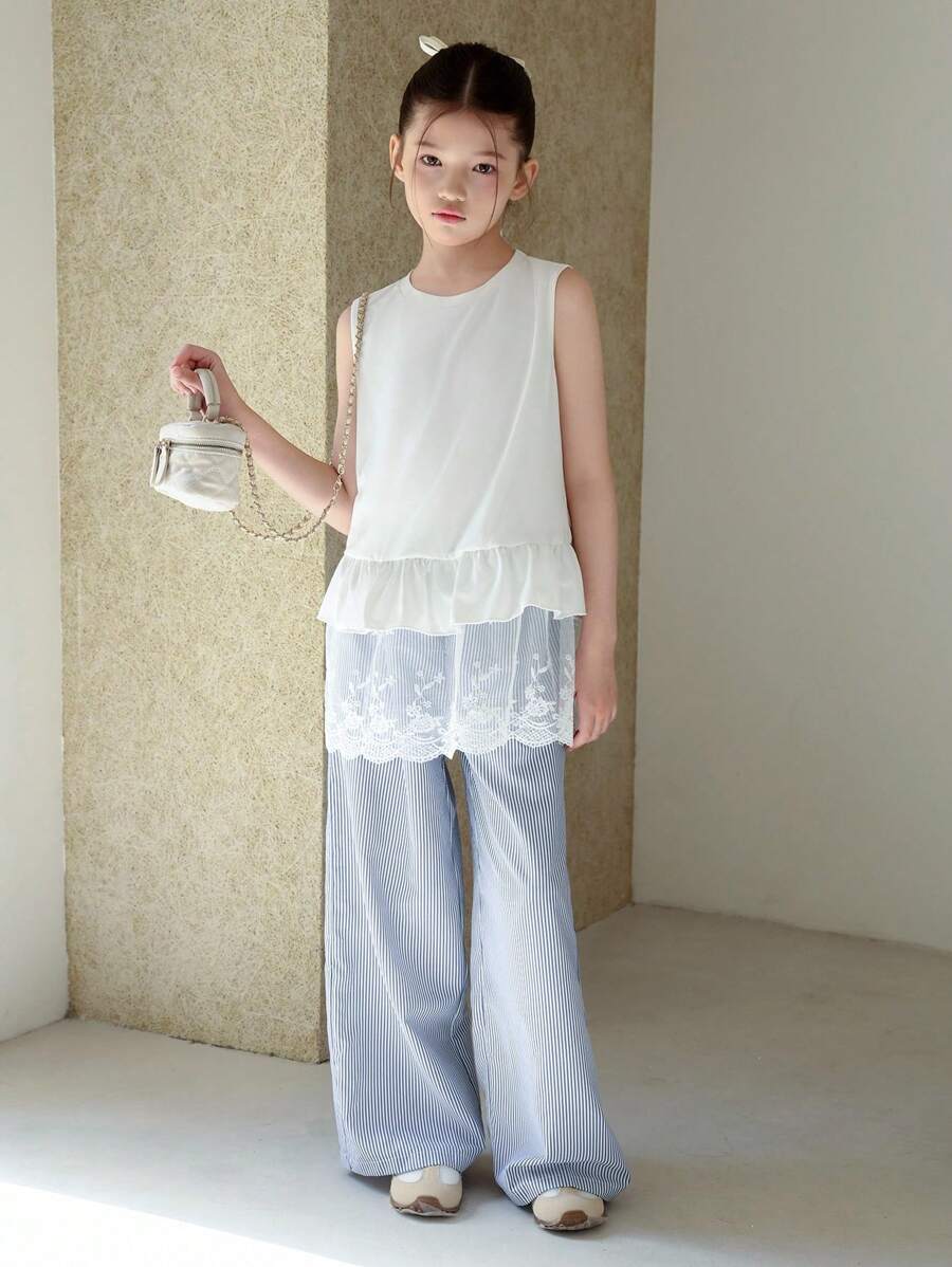 Girls Summer 2 Piece Set, Sleeveless Flutter Hem Top And Striped Woven Pants, Casual Holiday Outfit - Multicolor - View 1