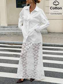 Siren Gaze 女士 Old Money Style 2025 新款秋季长袖超大纯棉白衬衫搭配蕾丝中裙两件套，非常适合办公室、日常、通勤和外出 - 白色 - 查看 6