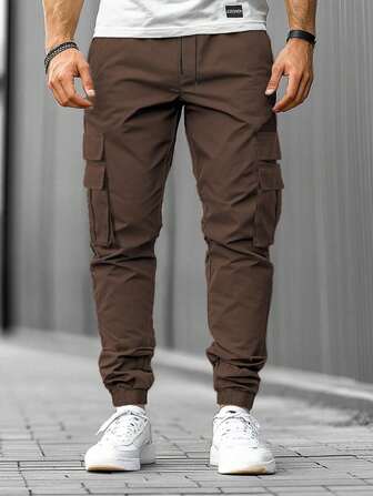 Manfinity Roughcore Pantalones cargo casuales de unicolor con cordón en la cintura y bolsillos cargo para hombres, pantalones cargo color marrón, pantalones cargo tipo jogger para hombre, otoño