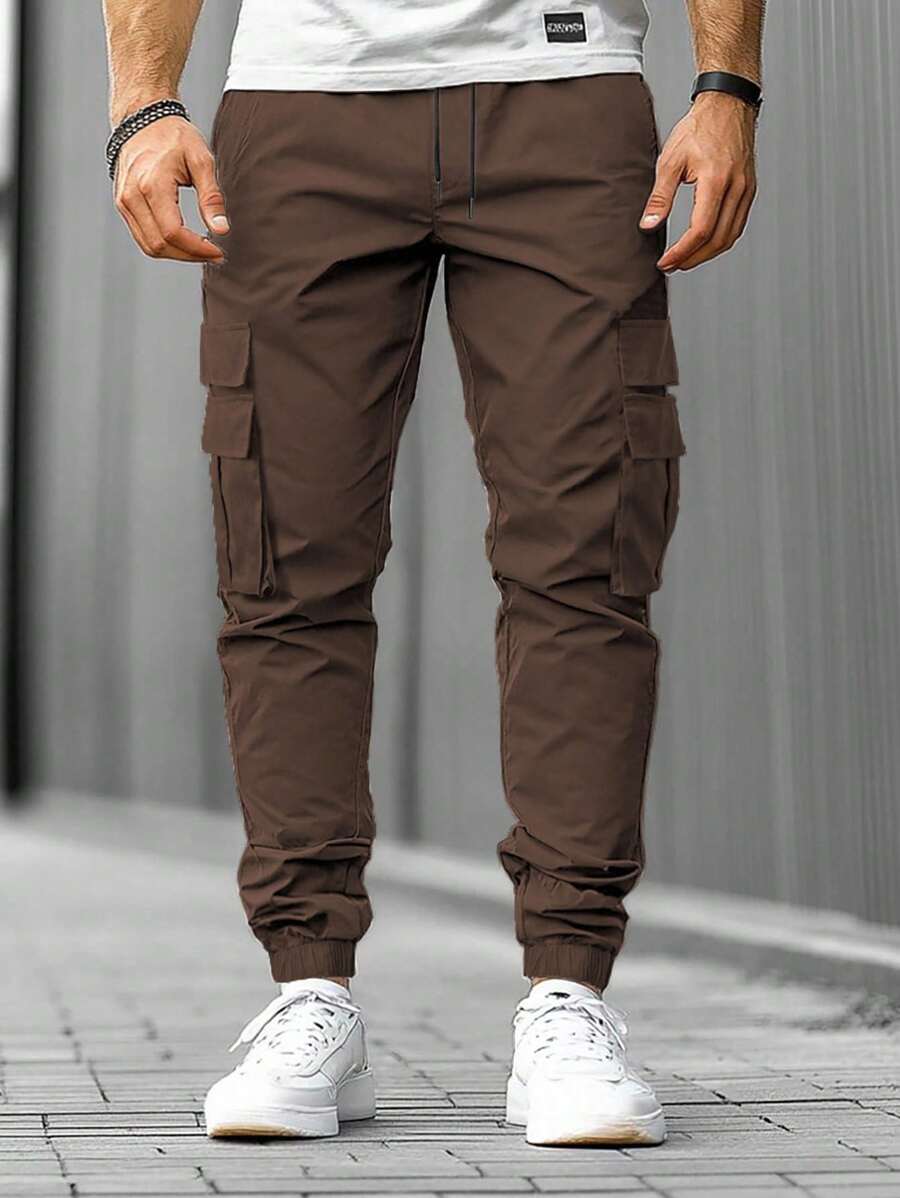 Manfinity Roughcore Men's Solid Color Drawstring Waist Cargo Pocket Casual Jogger Pants Brown Cargo Pants Cargo Joggers Men, Fall - Coffee Brown - View 1