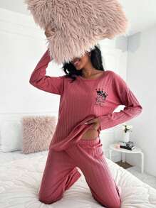 RueChic Crown & Letter Graphic Drop Shoulder Lounge Set - Pink - View 1