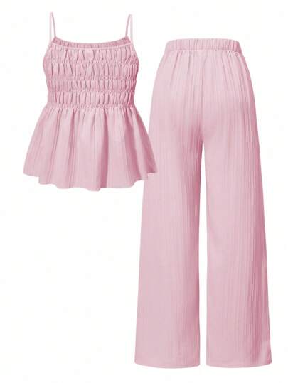 Sparklyn 2pcs/Set Teen GirlCasual Camisole Top And Wide Leg Pant Set, Summer, School, Campus, College Summer Holiday