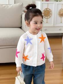 Kleine Mädchen Strickjacken & süßer Seestern Muster Hohlstrick Rundhals Pullover, weich & bequem geeignet für Alltag, Ausflüge, Reisen, Feiertage, Zuhause, Kinderstube, Spielen, Schule