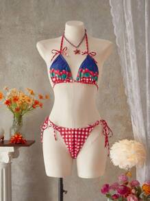 Swim Mod Set de 2 prendas de baño con estampado de cerezas y cordón para el verano para mujeres, conjunto para vacaciones