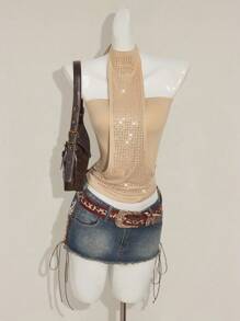 SHEIN ICON Top corto de halter de encaje con apliques de rhinestone y cierre de cordones, top bandeau sexy que se ajusta a la figura