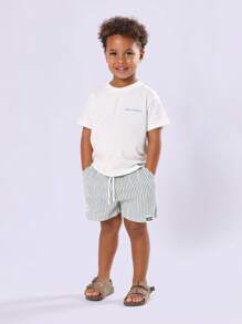SUMWON Conjunto de camiseta y pantalones cortos a rayas de verano con tema costero y de mariscos para niños, ideal para vacaciones en la playa