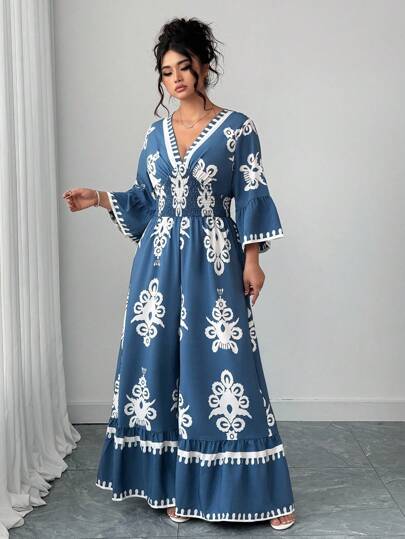 Elenzga 大码蓝白优雅修身褶皱印花束腰连体裤