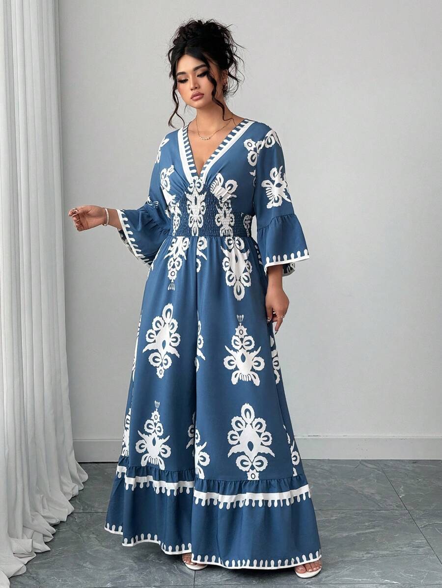 Elenzga 大码蓝白优雅修身褶皱印花束腰连体裤 - 藍白色 - 查看 1