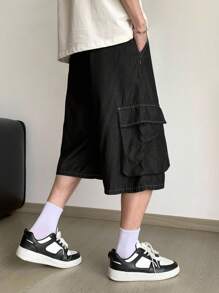 SHEIN 青少年男孩时尚休闲 Y2K 复古旧钱水洗工装口袋舒适透气宽松工装牛仔短裤，适合儿童日常穿着，柔软舒适，适合春夏、春夏派对、海滩、秋季返校季穿着，复古街头朋克风格 - 黑色 - 查看 3