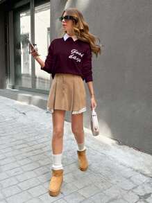 EURMUSE Women's Daily Wear "Good Days" Letter Pattern Knitted Crew Neck Sweater, Autumn - Burgundy - View 5