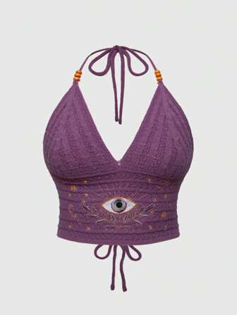 Hippie Plus Size Women Bohemian Style Summer, Eye, Moon & Star Embroidery Knitted Top