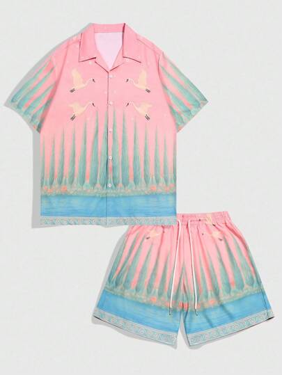 Street Life 2pcs Men's Summer Floral Print Short Sleeve Shirt & Shorts Set