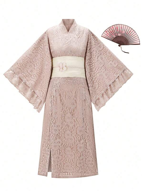 Irokai Elegant Vintage Lace Japanese Traditional YukataJapanese Women's Traditional  Lace Yukata Bowknot Yukata (Modified Japan Style Kimono Robe), Easy Wearing
