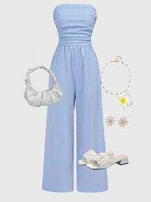 SHEIN Girlism 少女蓝色抹胸露背夏季休闲百褶条纹连体裤，休闲，优雅，假日