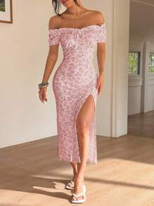Sunnyshic Women Off Shoulder Split Ditsy Floral Dress - Baby Pink - View 5