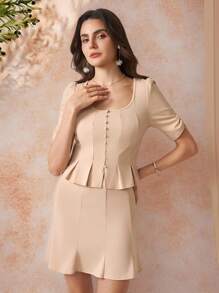 Amorya Set elegante di top corto e gonna da donna di alta gamma, dal design slim fit con colletto quadrato, adatto per l'ufficio, il casual e l'estate
