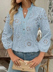 SHEIN LUNE Women V-Neck Ruffle Trim Button Embroidery Hollow Out Long Sleeve Casual Linen Blouse - Baby Blue - View 7