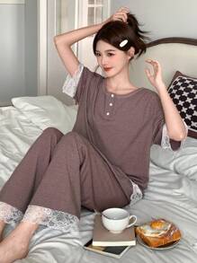 DAZY 2件套女士宽松条纹短袖睡衣套装 - 藕粉色 - 查看 6