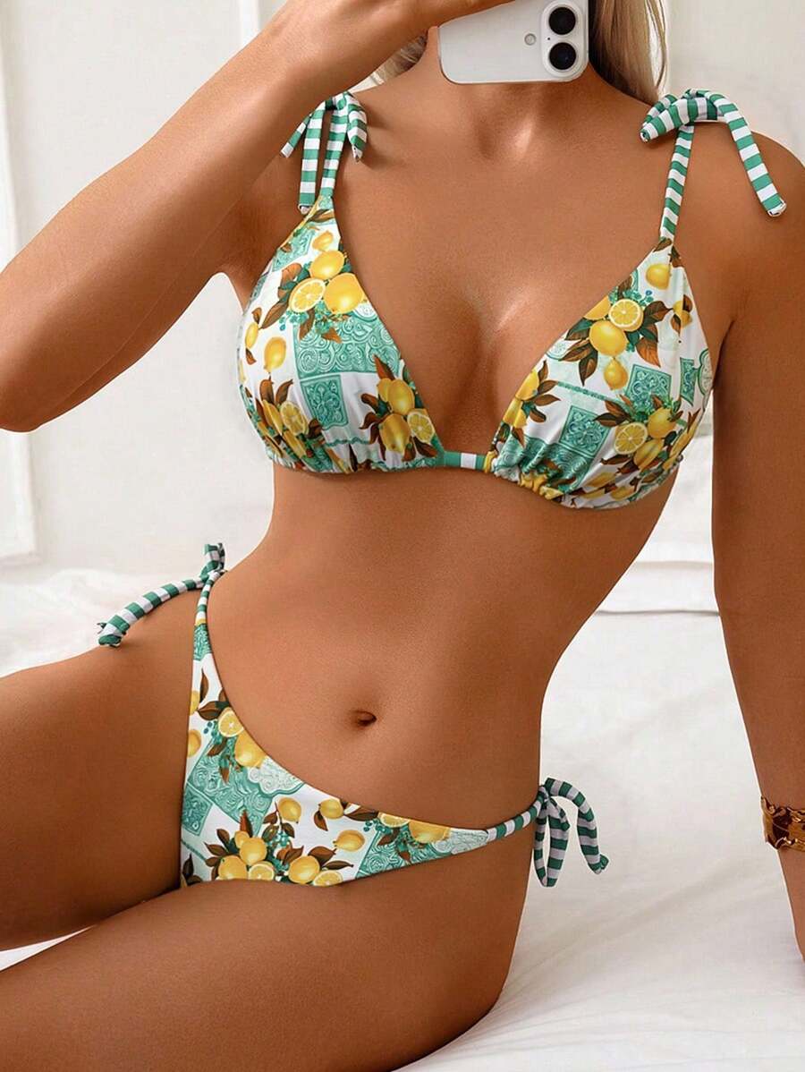 Swim Vcay Ensemble de bikini avec nœud papillon rayé, imprimé citron, détail nœud, mignon, pour vacances à la plage, festival d'été