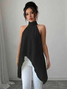 Rafferiza Áo sơ mi nữ cổ yếm không tay màu xanh lá cây nhạt thường ngày mùa hè - màu đen - Xem 6
