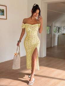 Sunnyshic Vestido de mujer con hombros descubiertos y abertura con estampado floral pequeño