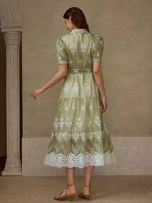 MOTF PREMIUM GREEN COLOR BLOCK HOLLOW OUT EMBROIDERED LACE PATCHWORK ELEGANT CASUAL VACATION EVERYDAY DRESS - Green - View 4