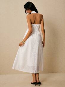 Poéselle Women's Summer Elegant Solid Color Hollow Out Embroidery Front Button Backless Halter Dress - White - View 3