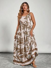 SHEIN VCAY Plus Size Plant Print Dress Casual Summer Beach Dress