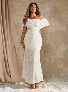 Flirla Đầm maxi đuôi cá trang trọng dáng dài họa tiết satin dệt jacquard bất đối xứng vai bèo nhún viền eo ôm sát - Màu be - Xem 7